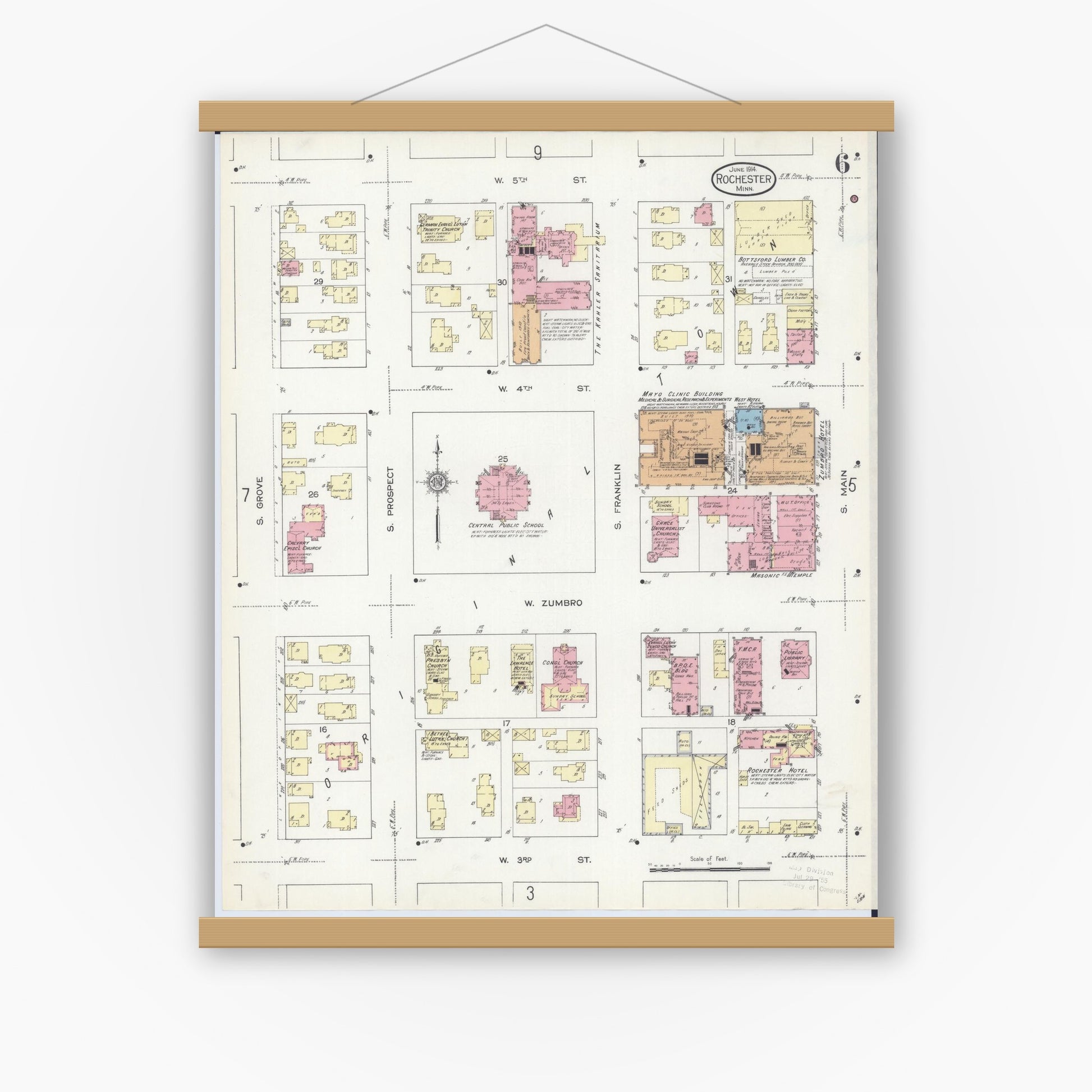 Old map wall art mockup — magnetic wood frame on white wall — Sanborn Fire Insurance Map from Rochester, Olmsted County, Minnesota (1914), Sheet #0006