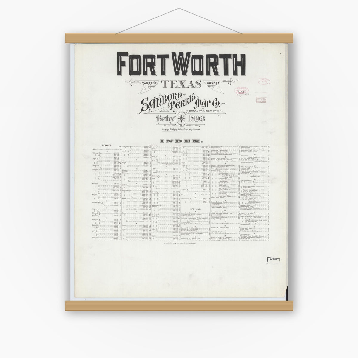 Old map wall art mockup — magnetic wood frame on white wall — Sanborn Fire Insurance Map from Fort Worth, Tarrant County, Texas (1893), Sheet #0001
