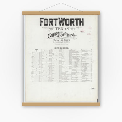 Old map wall art mockup — magnetic wood frame on white wall — Sanborn Fire Insurance Map from Fort Worth, Tarrant County, Texas (1893), Sheet #0001