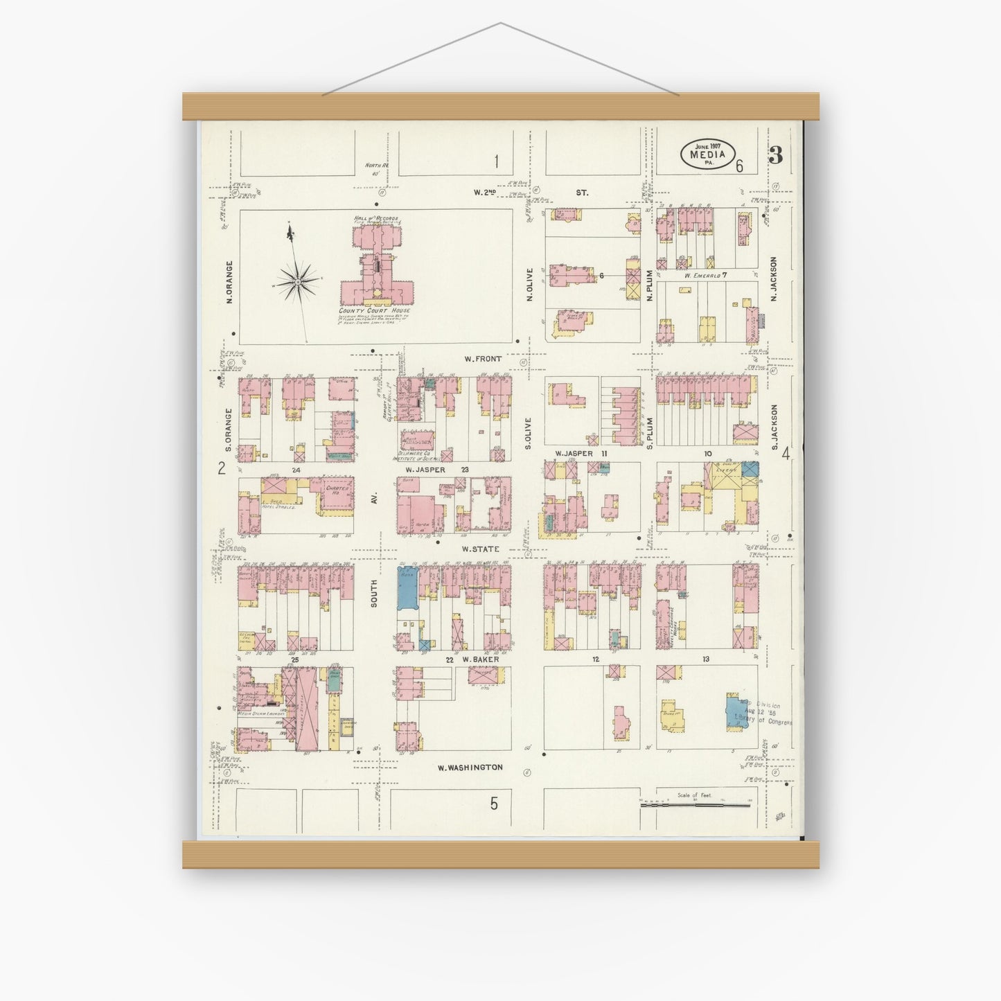 Old map wall art mockup — magnetic wood frame on white wall — Sanborn Fire Insurance Map from Media, Delaware County, Pennsylvania (1907), Sheet #0003