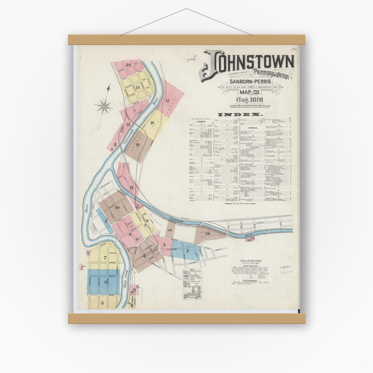 Old map wall art mockup — magnetic wood frame on white wall — Sanborn Fire Insurance Map from Johnstown, Cambria County, Pennsylvania (1891), Sheet #0001