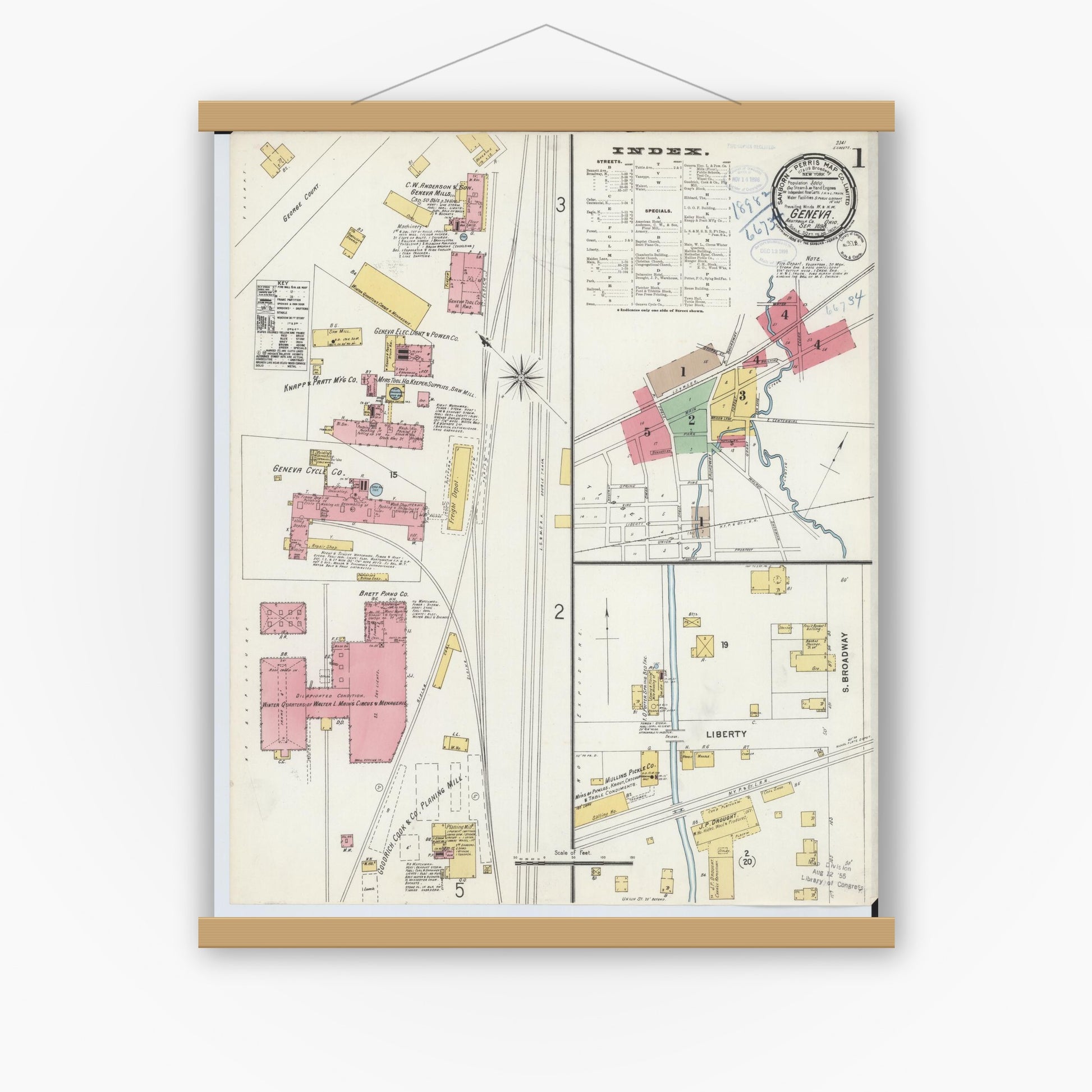 Old map wall art mockup — magnetic wood frame on white wall — Sanborn Fire Insurance Map from Geneva, Ashtabula County, Ohio (1898), Sheet #0001