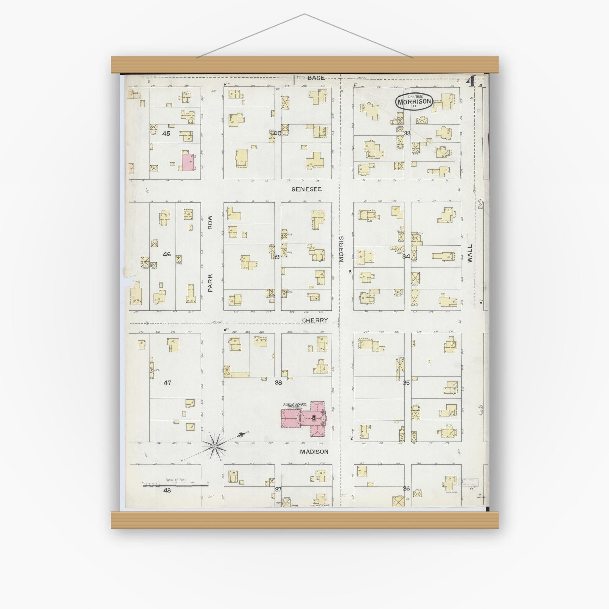 Old map wall art mockup — magnetic wood frame on white wall — Sanborn Fire Insurance Map from Morrison, Whiteside County, Illinois (1892), Sheet #0004