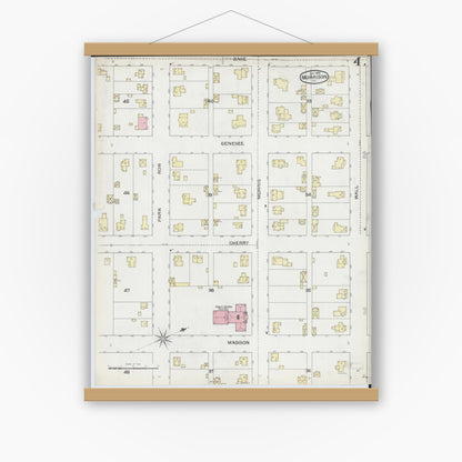 Old map wall art mockup — magnetic wood frame on white wall — Sanborn Fire Insurance Map from Morrison, Whiteside County, Illinois (1892), Sheet #0004
