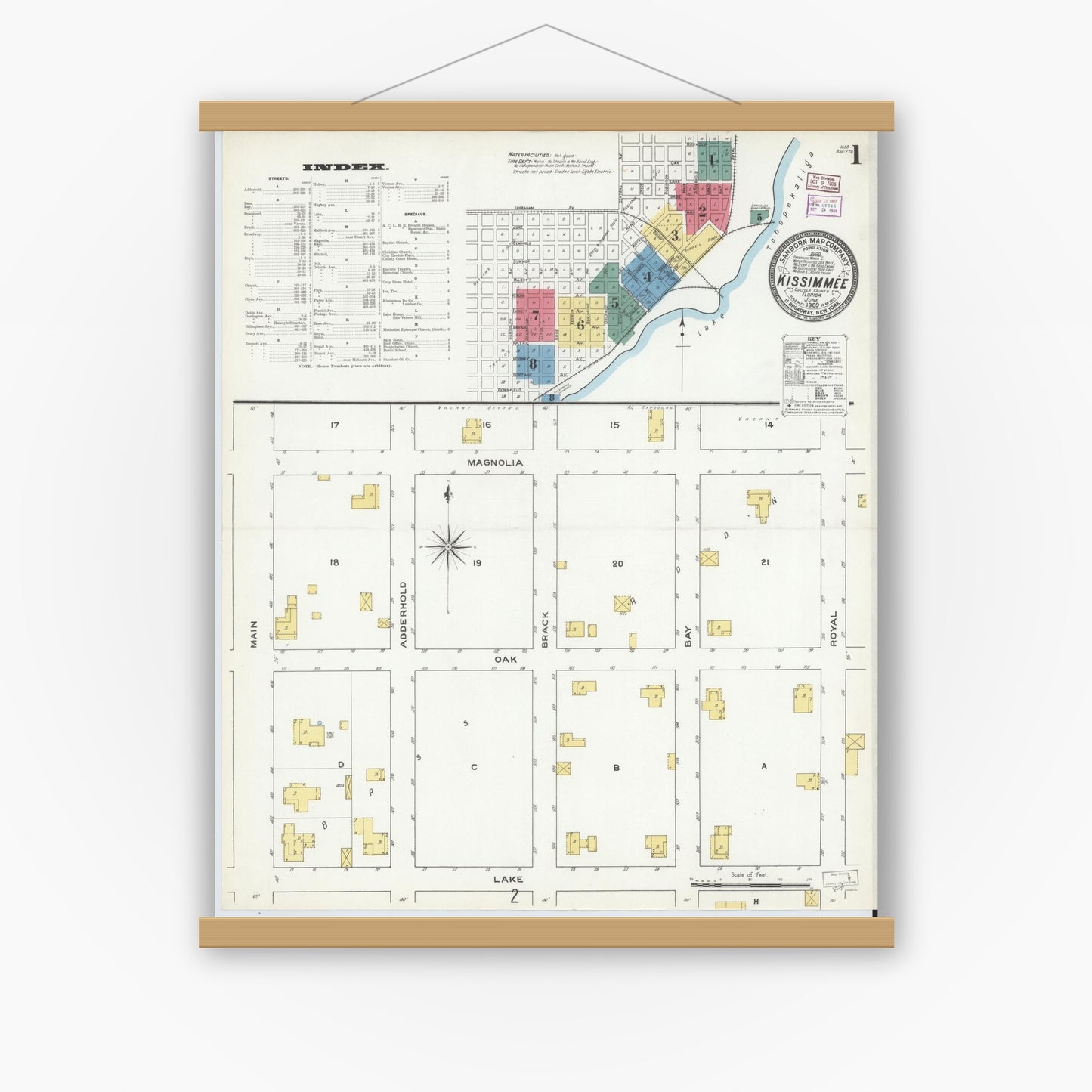 Old map wall art mockup — magnetic wood frame on white wall — Sanborn Fire Insurance Map from Kissimmee, Osceola County, Florida (1909), Sheet #0001