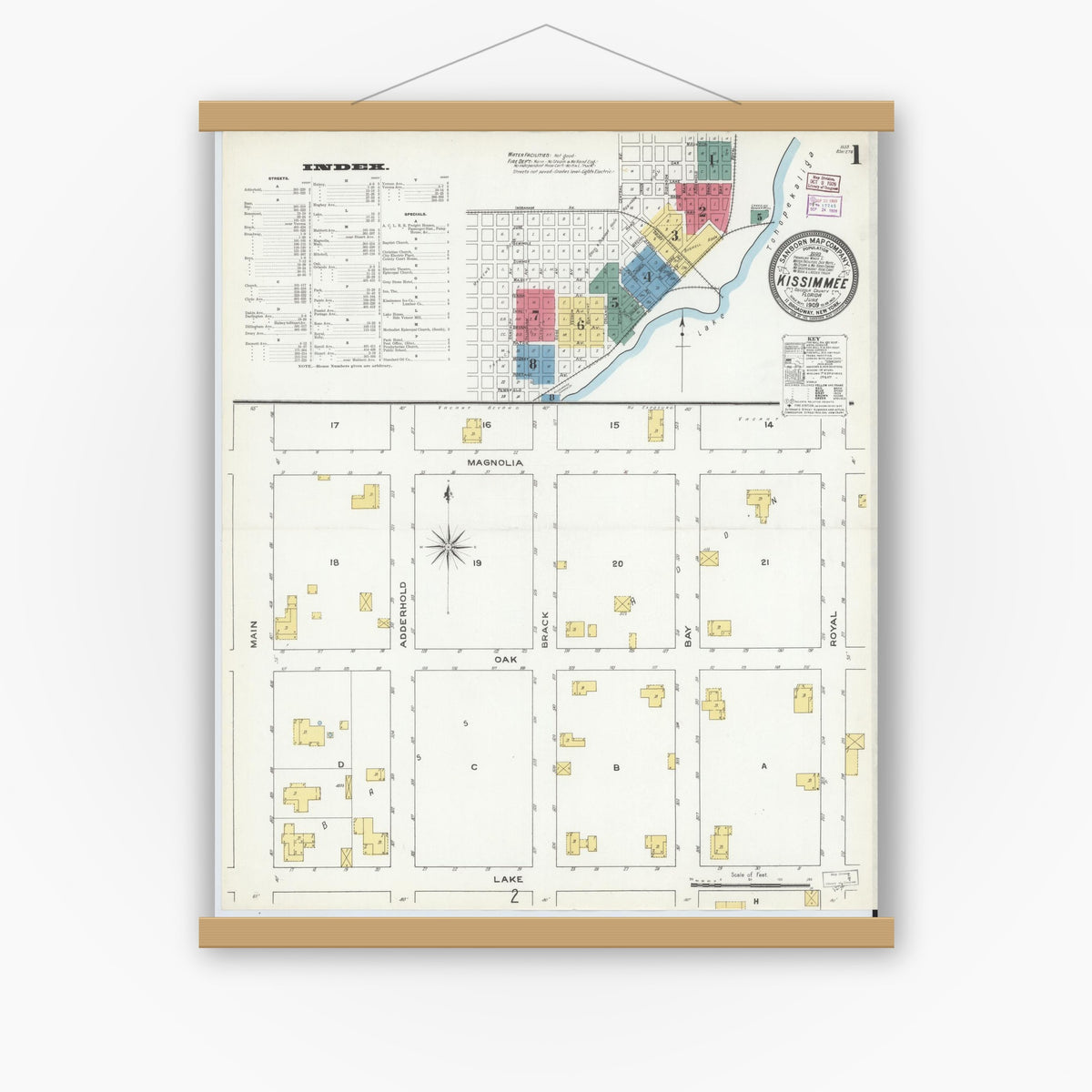 Old map wall art mockup — magnetic wood frame on white wall — Sanborn Fire Insurance Map from Kissimmee, Osceola County, Florida (1909), Sheet #0001