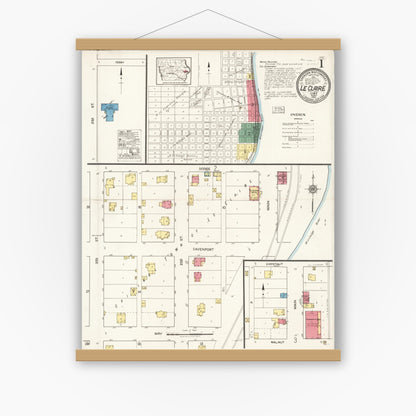 Old map wall art mockup — magnetic wood frame on white wall — Sanborn Fire Insurance Map from Le Claire, Scott County, Iowa (1922), Sheet #0001