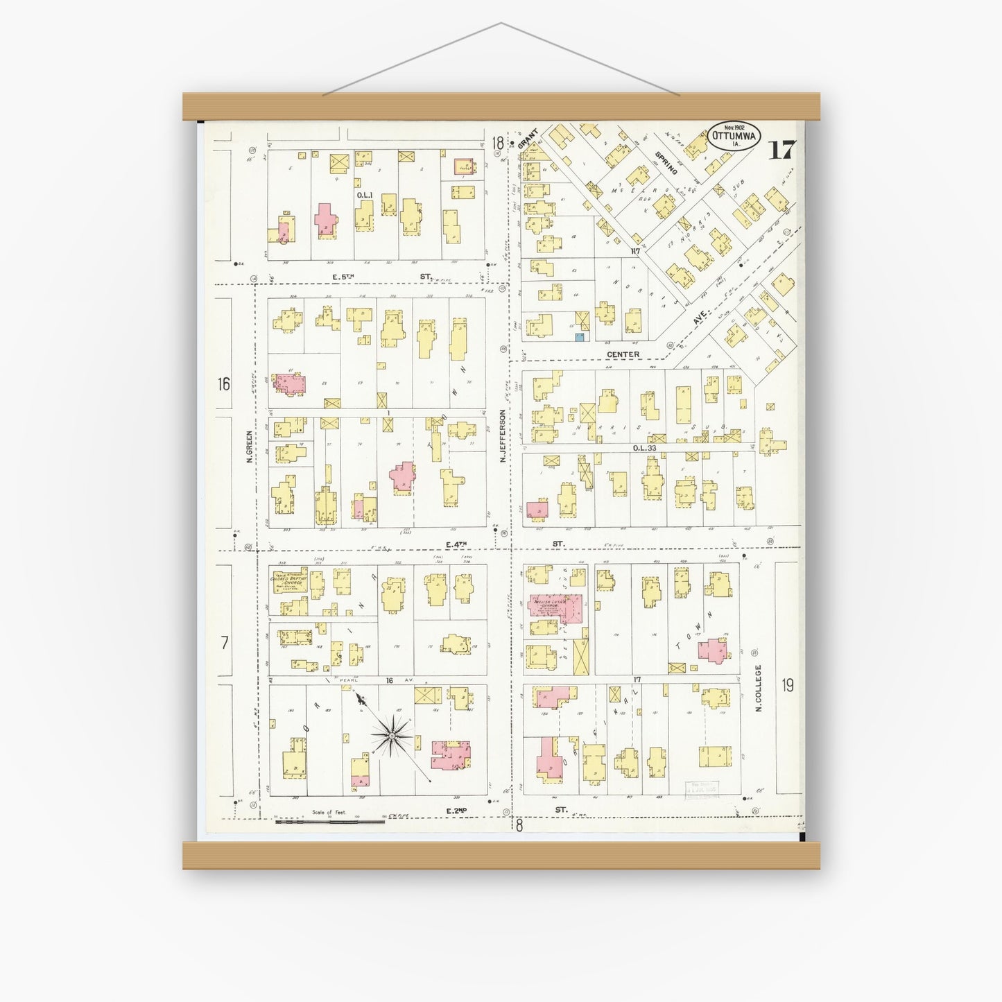 Old map wall art mockup — magnetic wood frame on white wall — Sanborn Fire Insurance Map from Ottumwa, Wapello County, Iowa (1902), Sheet #0017