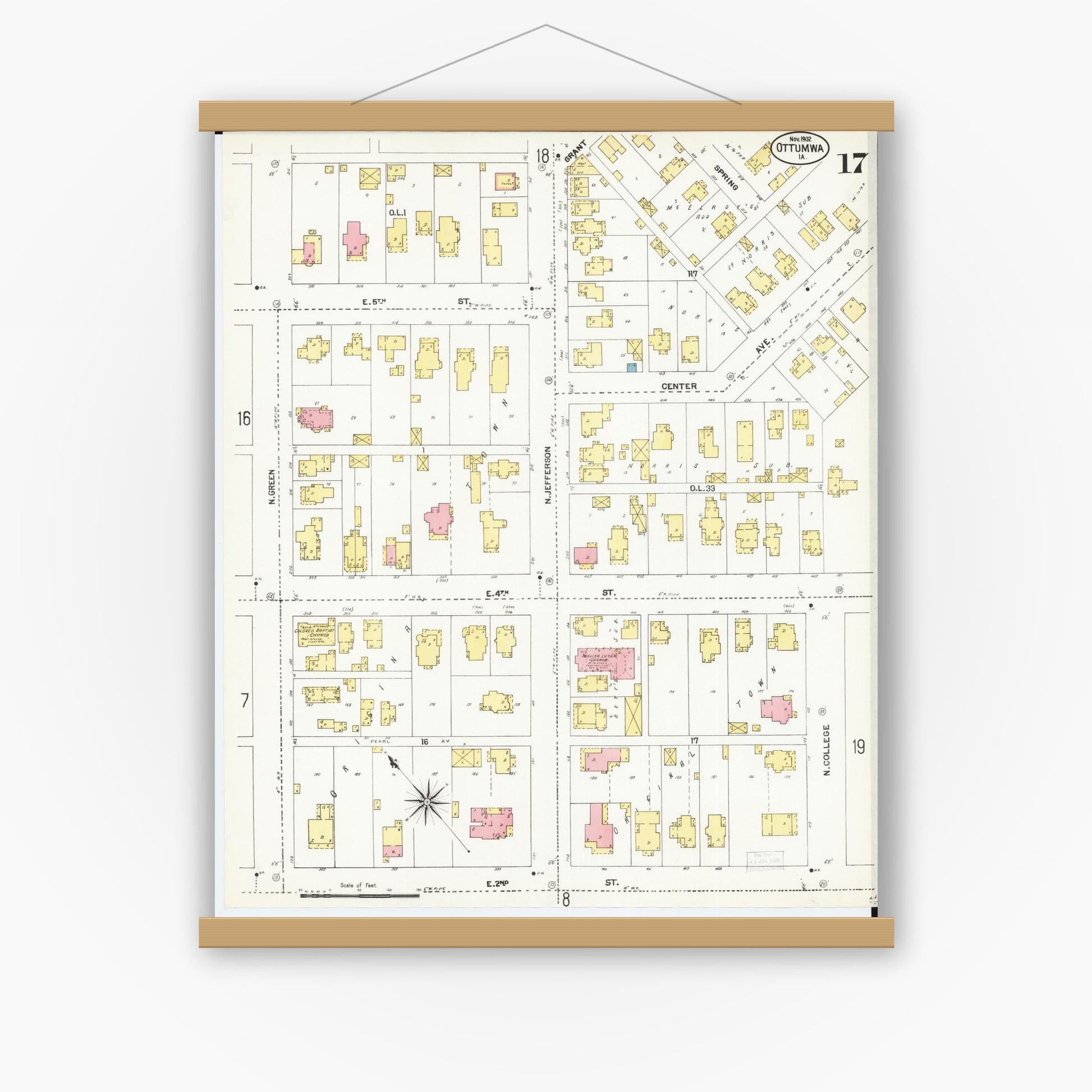 Old map wall art mockup — magnetic wood frame on white wall — Sanborn Fire Insurance Map from Ottumwa, Wapello County, Iowa (1902), Sheet #0017