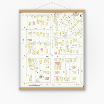 Old map wall art mockup — magnetic wood frame on white wall — Sanborn Fire Insurance Map from Ottumwa, Wapello County, Iowa (1902), Sheet #0017