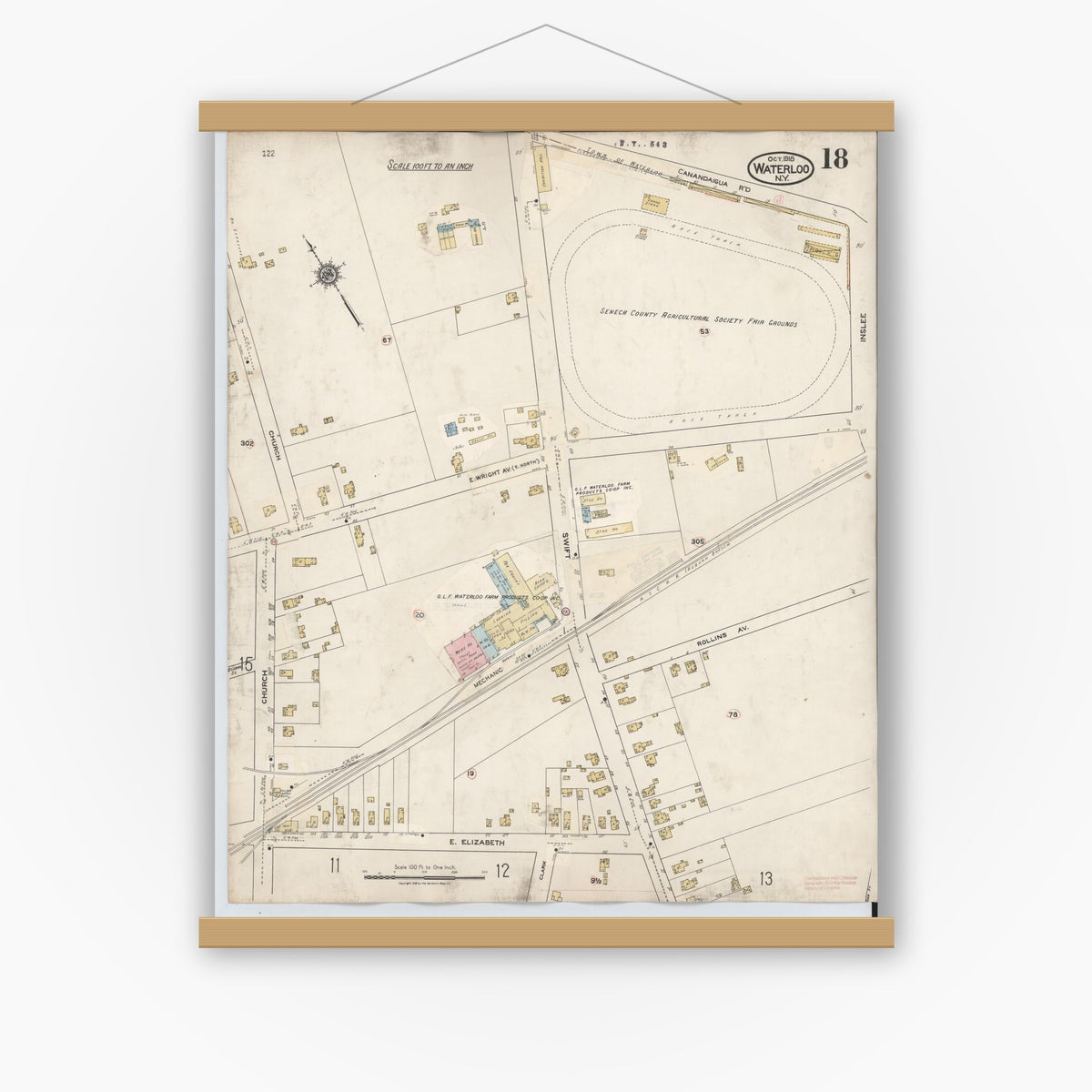 Old map wall art mockup — magnetic wood frame on white wall — Sanborn Fire Insurance Map from Waterloo, Seneca County, New York (1948), Sheet #0018