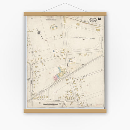 Old map wall art mockup — magnetic wood frame on white wall — Sanborn Fire Insurance Map from Waterloo, Seneca County, New York (1948), Sheet #0018