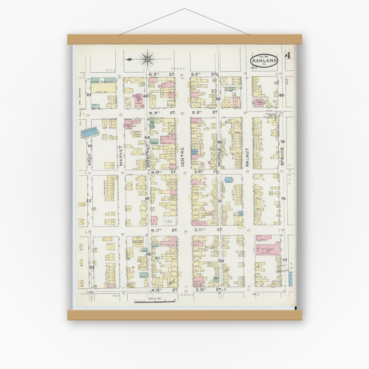 Old map wall art mockup — magnetic wood frame on white wall — Sanborn Fire Insurance Map from Ashland, Schuylkill County, Pennsylvania (1891), Sheet #0004