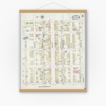 Old map wall art mockup — magnetic wood frame on white wall — Sanborn Fire Insurance Map from Ashland, Schuylkill County, Pennsylvania (1891), Sheet #0004