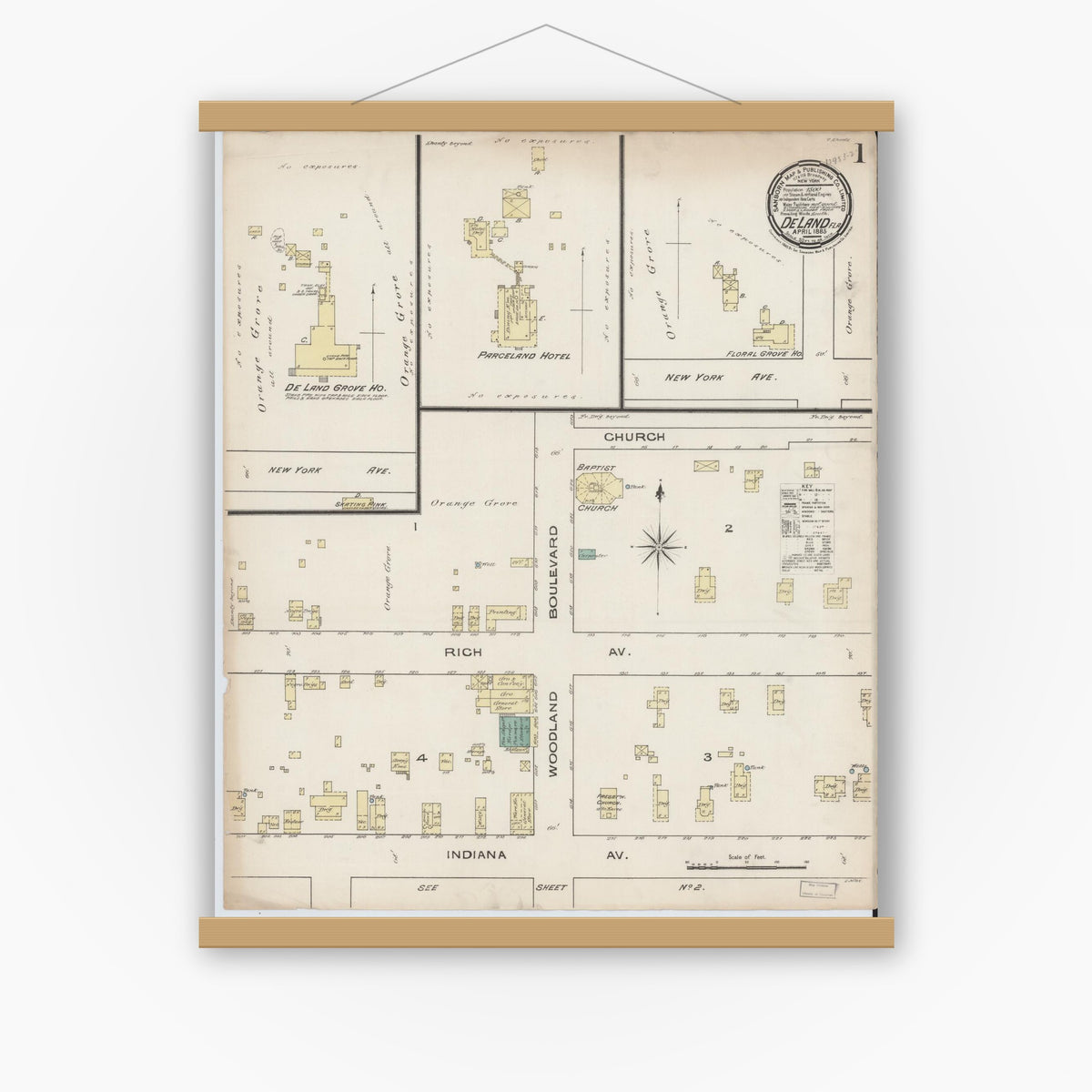 Old map wall art mockup — magnetic wood frame on white wall — Sanborn Fire Insurance Map from De Land, Volusia County, Florida (1885) - Complete Map Set