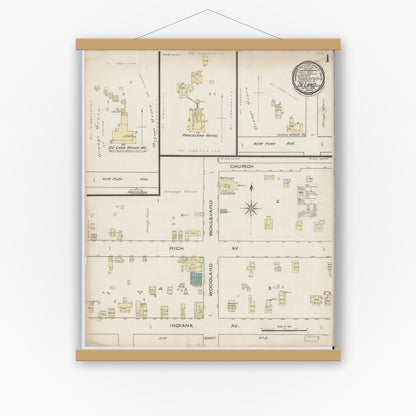 Old map wall art mockup — magnetic wood frame on white wall — Sanborn Fire Insurance Map from De Land, Volusia County, Florida (1885) - Complete Map Set