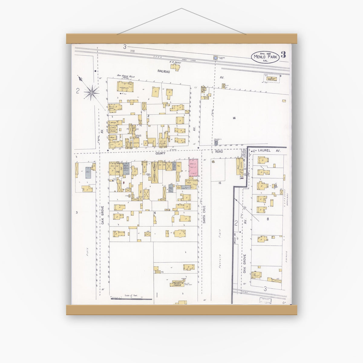 Old map wall art mockup — magnetic wood frame on white wall — Sanborn Fire Insurance Map from Menlo Park, San Mateo County, California (1908), Sheet #0003