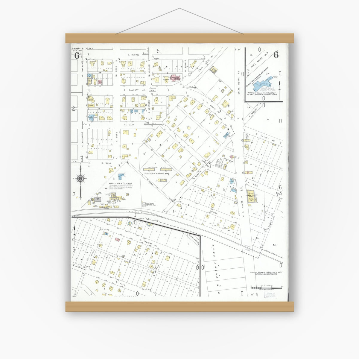 Old map wall art mockup — magnetic wood frame on white wall — Sanborn Fire Insurance Map from Karnes City, Karnes County, Texas (1951), Sheet #0006