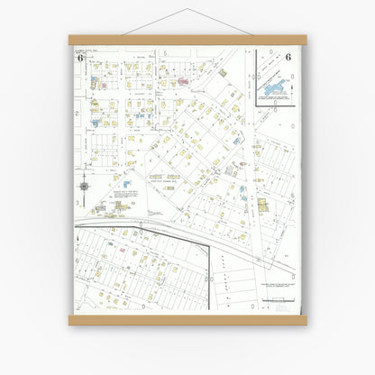 Old map wall art mockup — magnetic wood frame on white wall — Sanborn Fire Insurance Map from Karnes City, Karnes County, Texas (1951), Sheet #0006