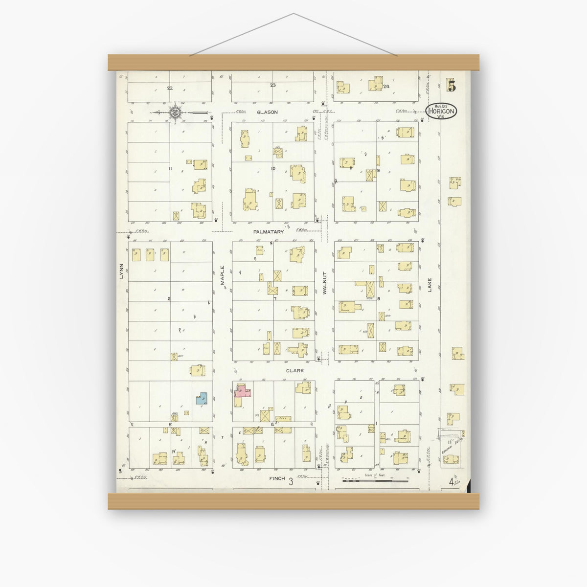 Old map wall art mockup — magnetic wood frame on white wall — Sanborn Fire Insurance Map from Horicon, Dodge County, Wisconsin (1913), Sheet #0005