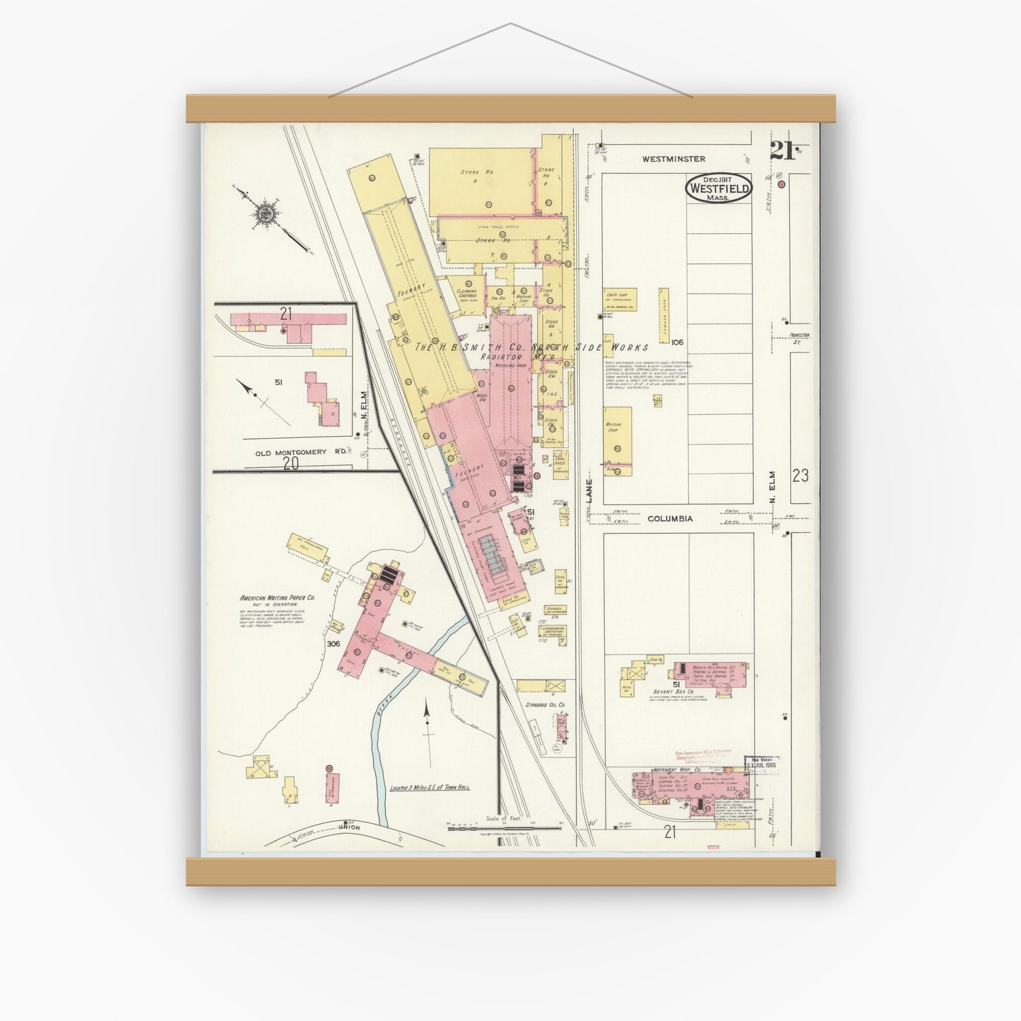 Old map wall art mockup — magnetic wood frame on white wall — Sanborn Fire Insurance Map from Westfield, Hampden County, Massachusetts (1917), Sheet #0021