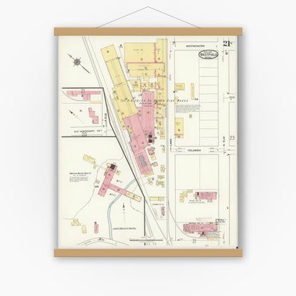 Old map wall art mockup — magnetic wood frame on white wall — Sanborn Fire Insurance Map from Westfield, Hampden County, Massachusetts (1917), Sheet #0021