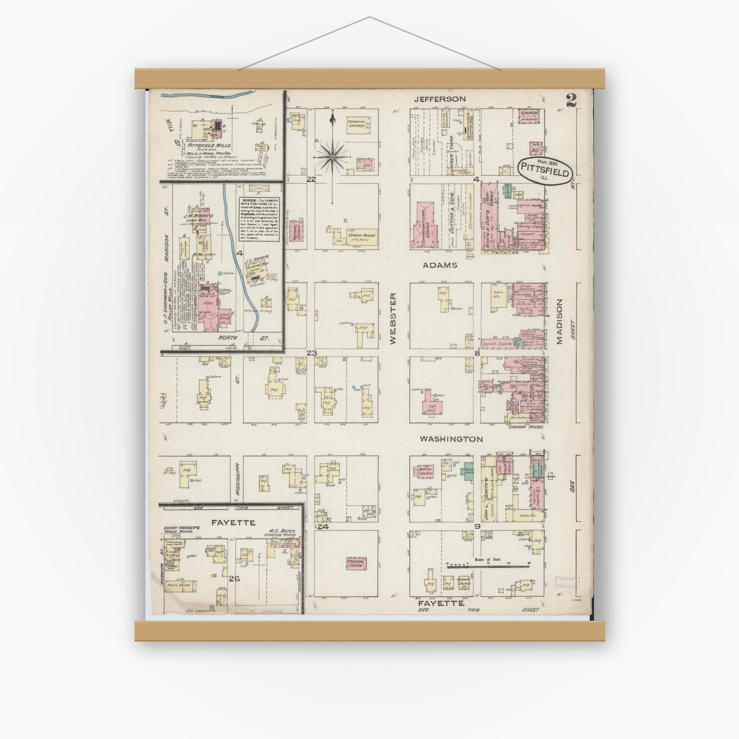 Old map wall art mockup — magnetic wood frame on white wall — Sanborn Fire Insurance Map from Pittsfield, Pike County, Illinois (1885), Sheet #0002