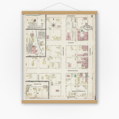 Old map wall art mockup — magnetic wood frame on white wall — Sanborn Fire Insurance Map from Pittsfield, Pike County, Illinois (1885), Sheet #0002