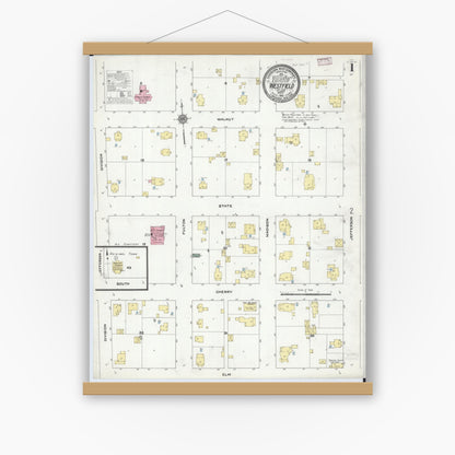 Old map wall art mockup — magnetic wood frame on white wall — Sanborn Fire Insurance Map from Westfield, Clark County, Illinois (1910) - Complete Map Set