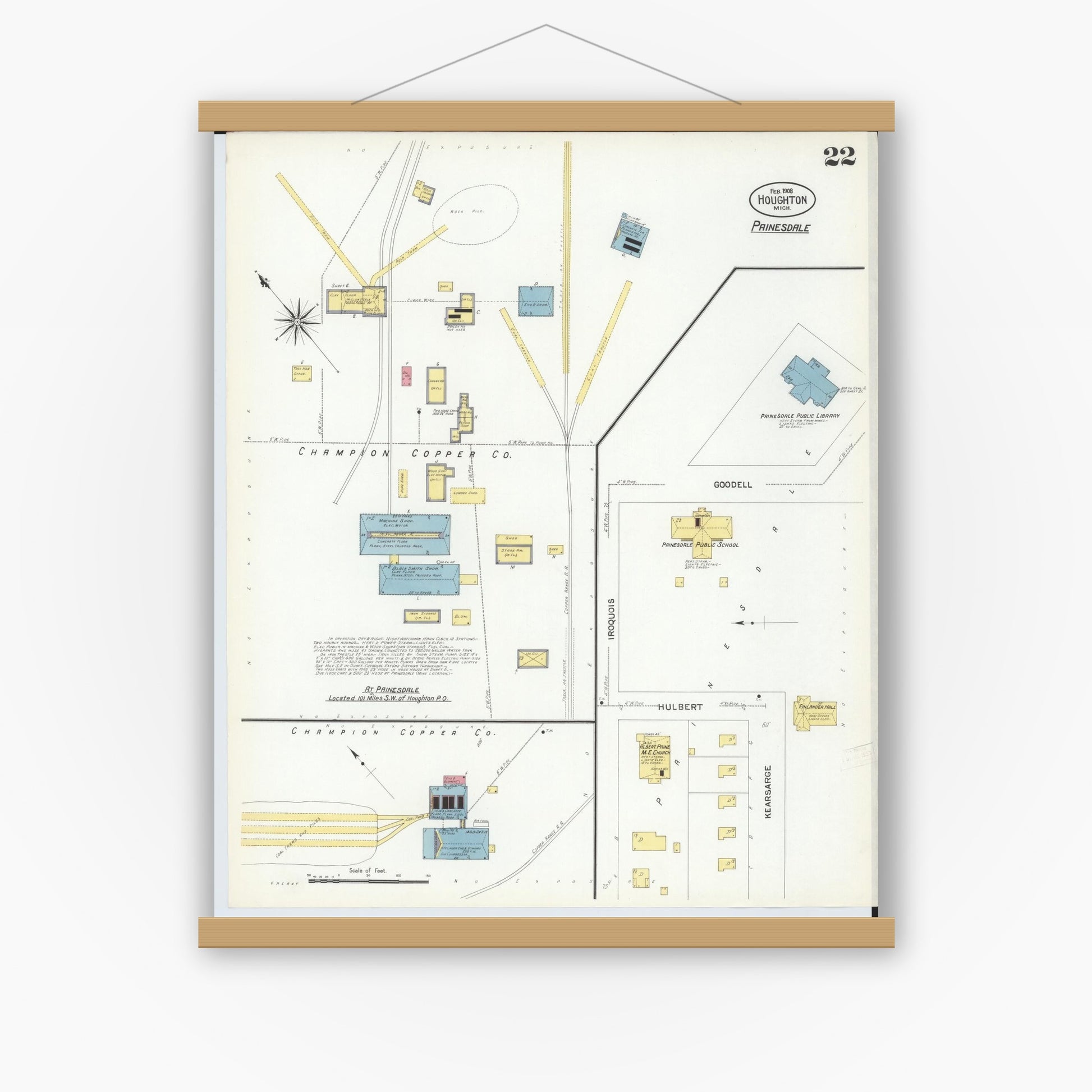 Old map wall art mockup — magnetic wood frame on white wall — Sanborn Fire Insurance Map from Houghton, Houghton County, Michigan (1908), Sheet #0022