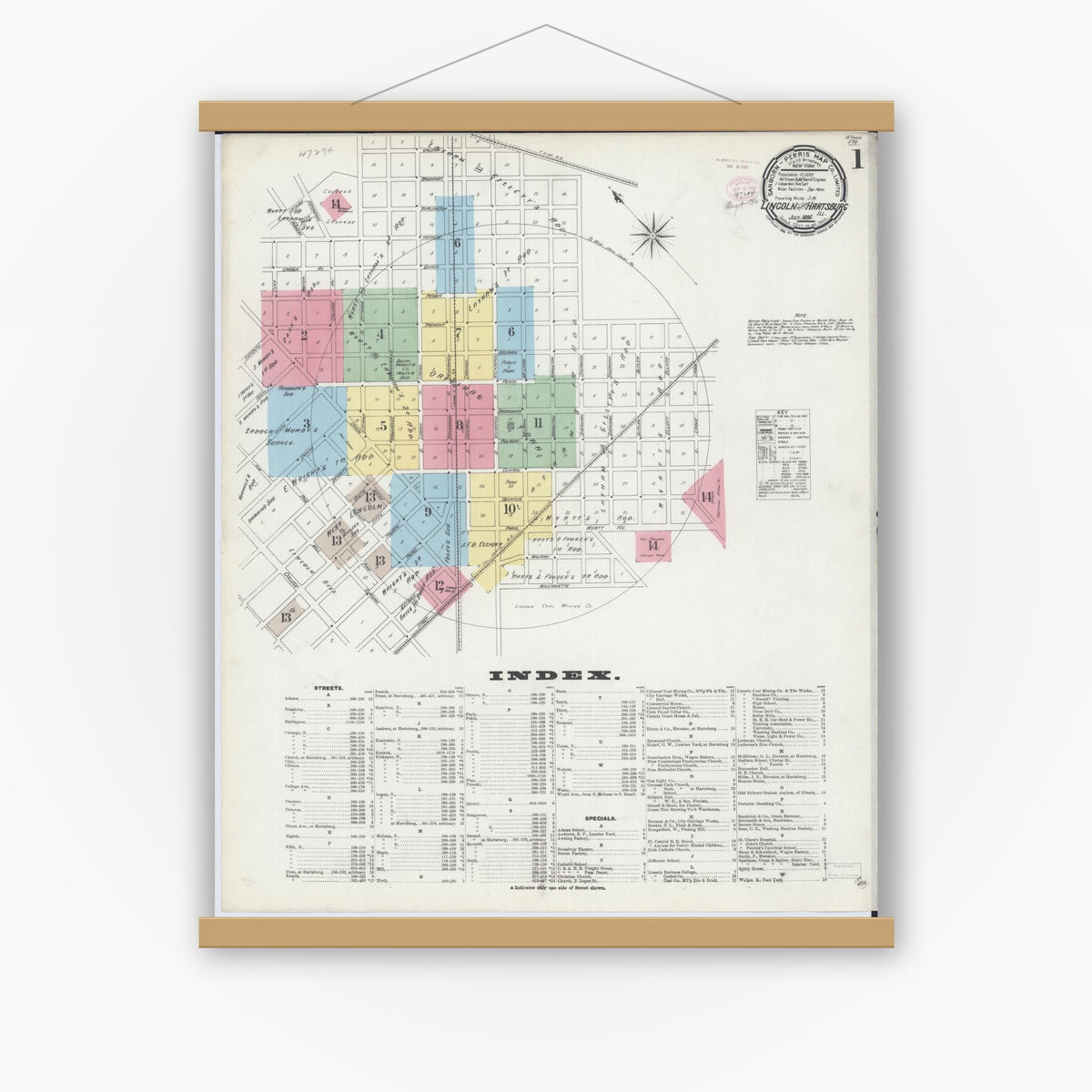 Old map wall art mockup — magnetic wood frame on white wall — Sanborn Fire Insurance Map from Lincoln, Logan County, Illinois (1896), Sheet #0001