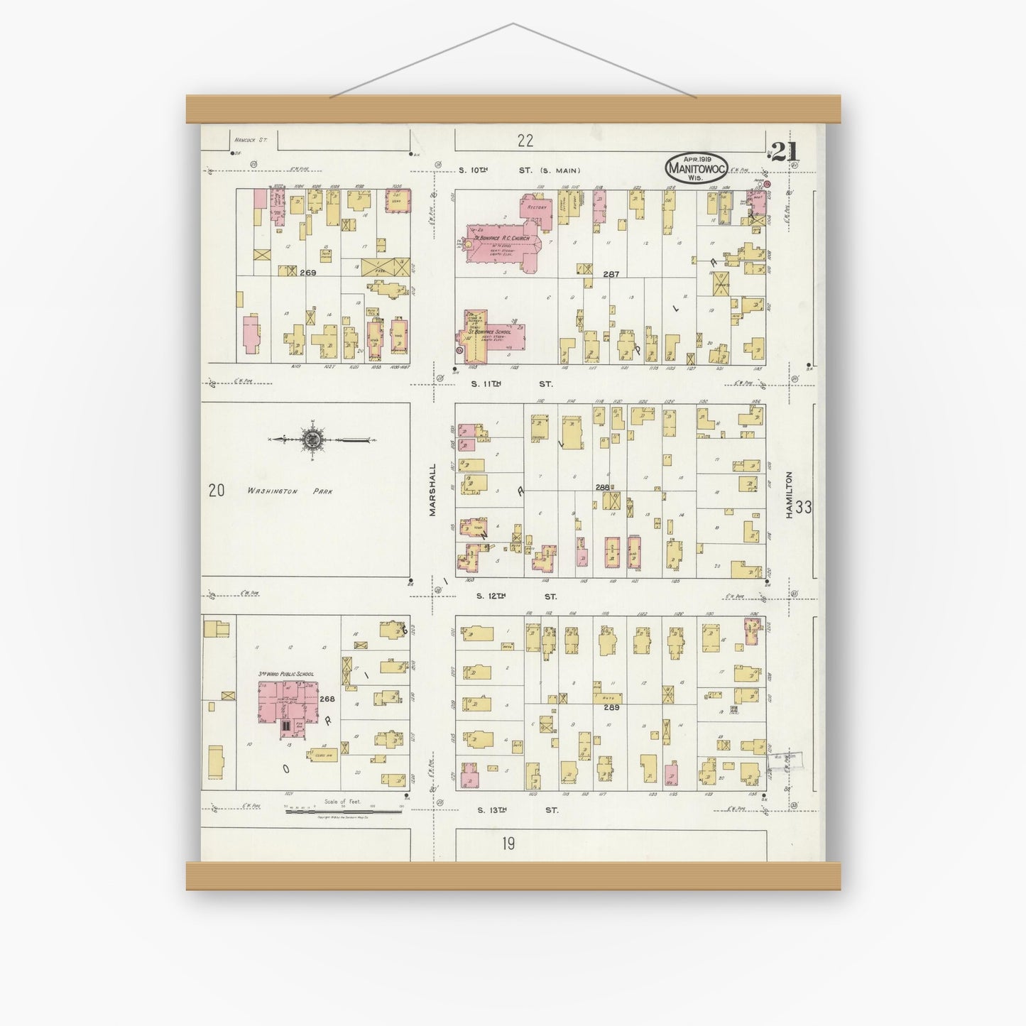 Old map wall art mockup — magnetic wood frame on white wall — Sanborn Fire Insurance Map from Manitowoc, Manitowoc County, Wisconsin (1919), Sheet #0021