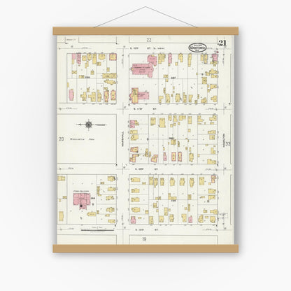 Old map wall art mockup — magnetic wood frame on white wall — Sanborn Fire Insurance Map from Manitowoc, Manitowoc County, Wisconsin (1919), Sheet #0021