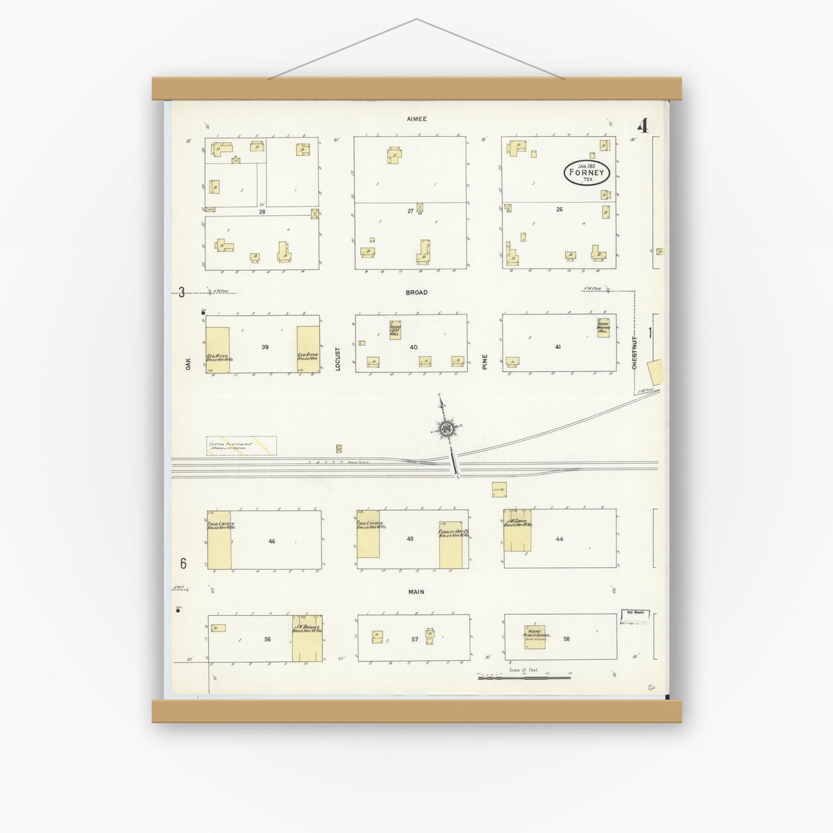 Old map wall art mockup — magnetic wood frame on white wall — Sanborn Fire Insurance Map from Forney, Kaufman County, Texas (1912), Sheet #0004