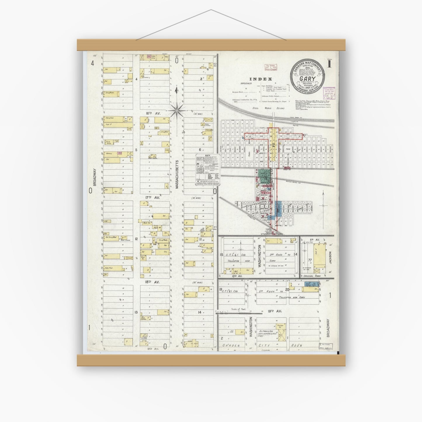 Old map wall art mockup — magnetic wood frame on white wall — Sanborn Fire Insurance Map from Gary, Lake County, Indiana (1907), Sheet #0001