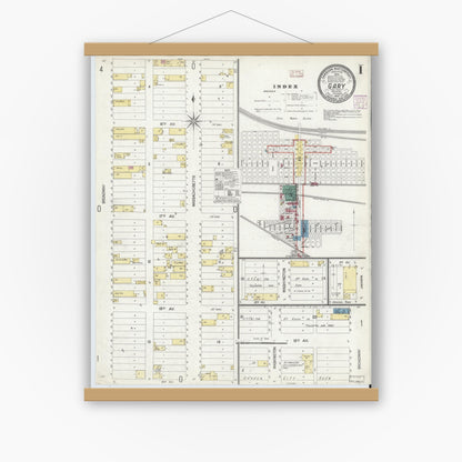Old map wall art mockup — magnetic wood frame on white wall — Sanborn Fire Insurance Map from Gary, Lake County, Indiana (1907), Sheet #0001