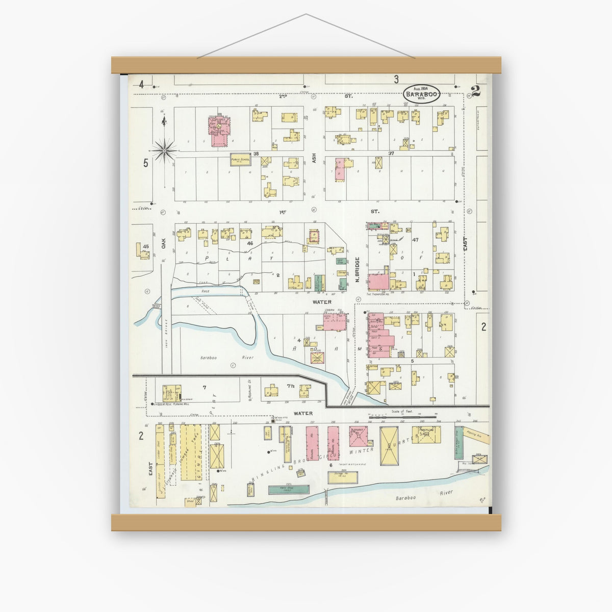 Old map wall art mockup — magnetic wood frame on white wall — Sanborn Fire Insurance Map from Baraboo, Sauk County, Wisconsin (1904), Sheet #0002