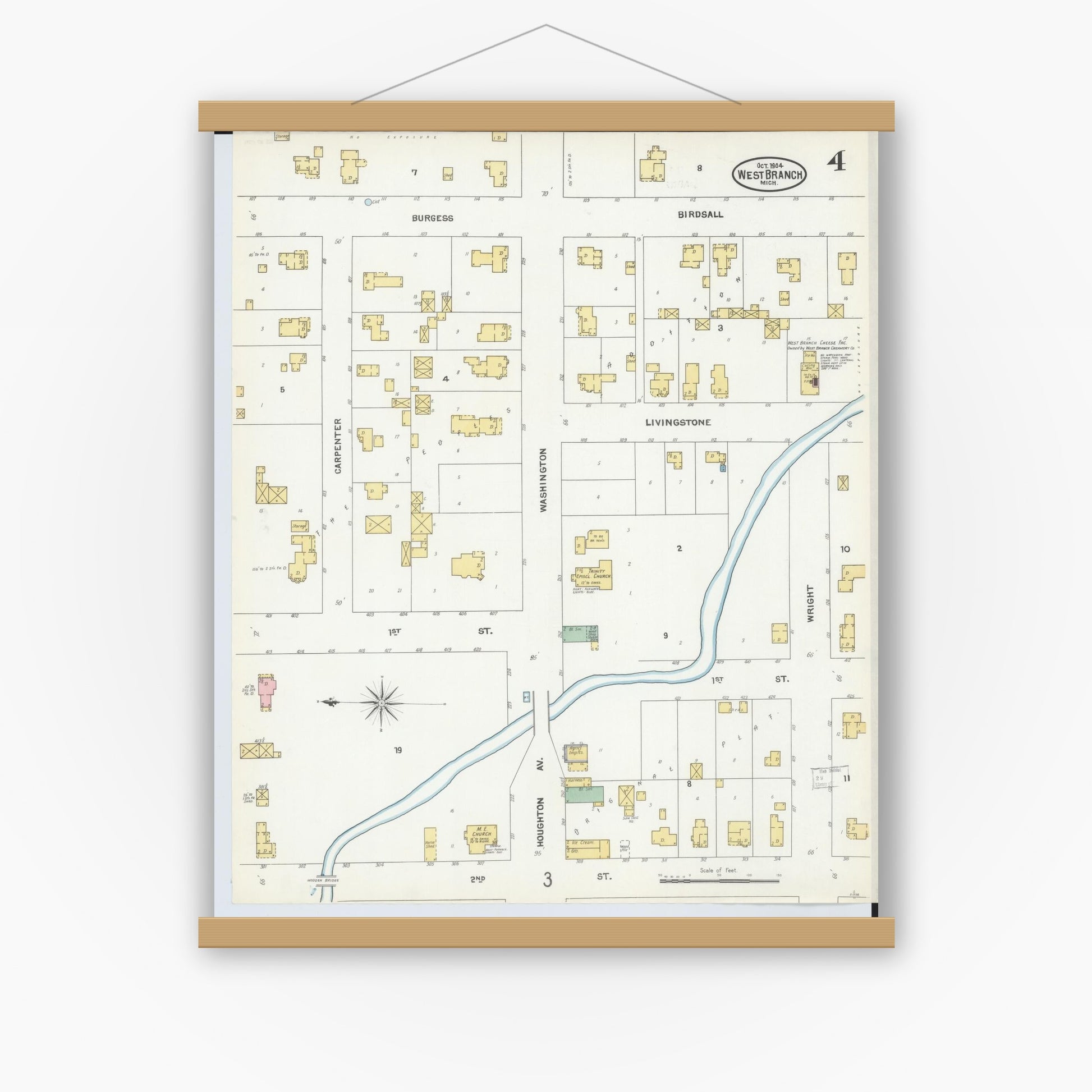 Old map wall art mockup — magnetic wood frame on white wall — Sanborn Fire Insurance Map from West Branch, Ogemaw County, Michigan (1904), Sheet #0004
