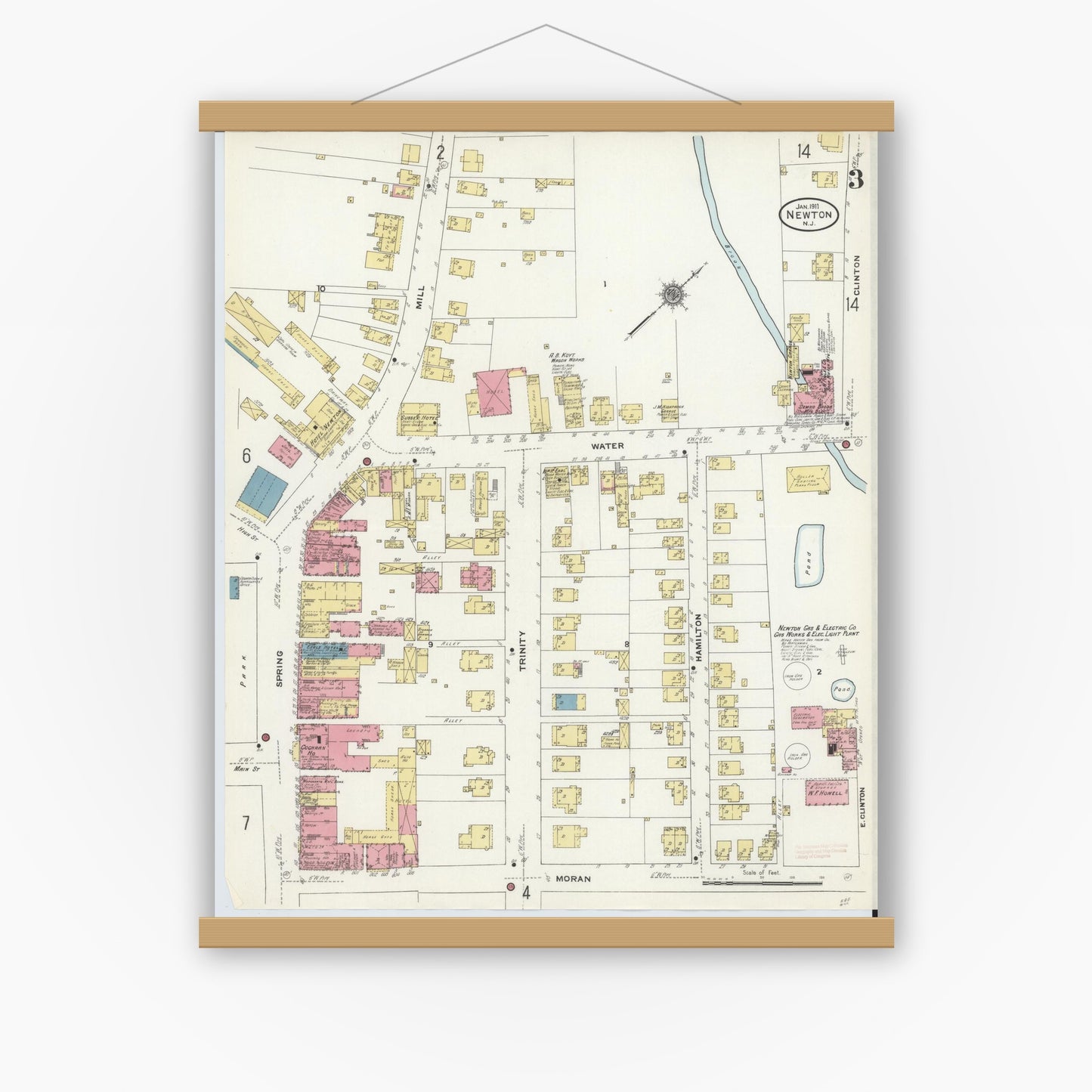 Old map wall art mockup — magnetic wood frame on white wall — Sanborn Fire Insurance Map from Newton, Sussex County, New Jersey (1911), Sheet #0003