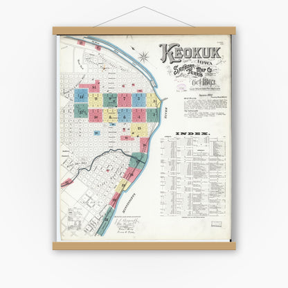 Old map wall art mockup — magnetic wood frame on white wall — Sanborn Fire Insurance Map from Keokuk, Lee County, Iowa (1893) â€” Complete Set