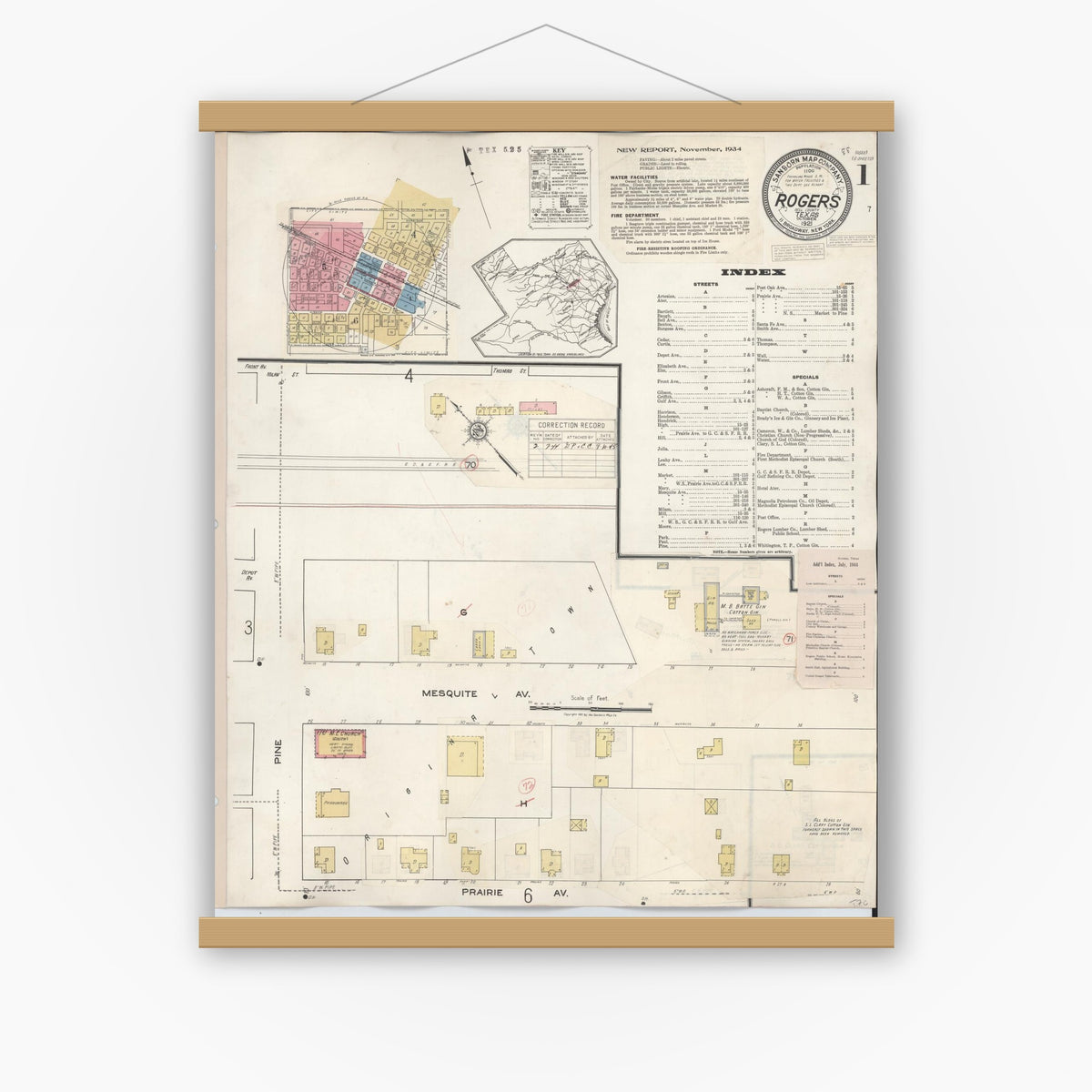 Old map wall art mockup — magnetic wood frame on white wall — Sanborn Fire Insurance Map from Rogers, Bell County, Texas (1944), Sheet #0001