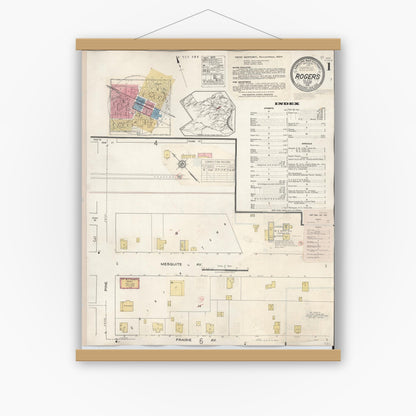 Old map wall art mockup — magnetic wood frame on white wall — Sanborn Fire Insurance Map from Rogers, Bell County, Texas (1944), Sheet #0001
