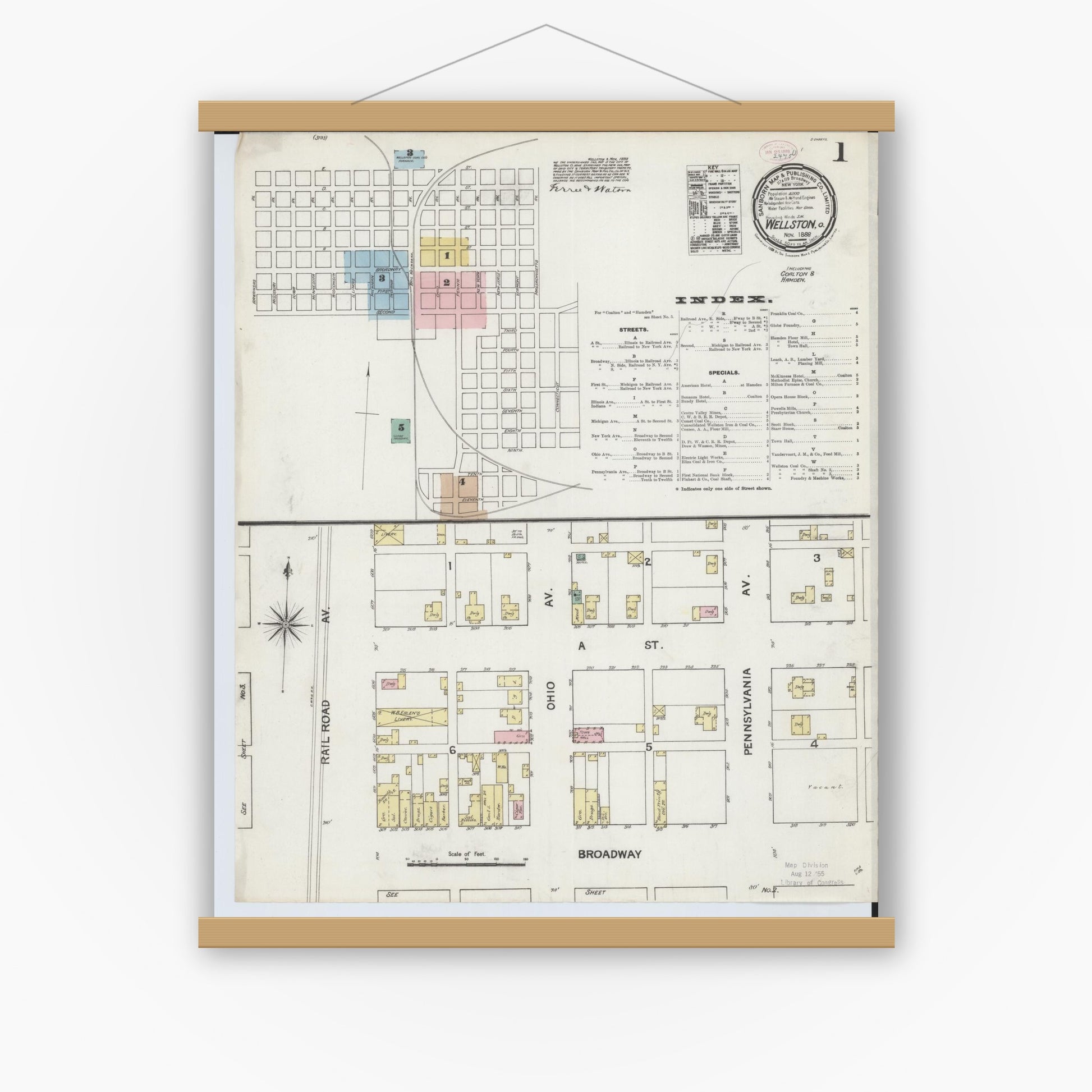 Old map wall art mockup — magnetic wood frame on white wall — Sanborn Fire Insurance Map from Wellston, Jackson County, Ohio (1888), Sheet #0001