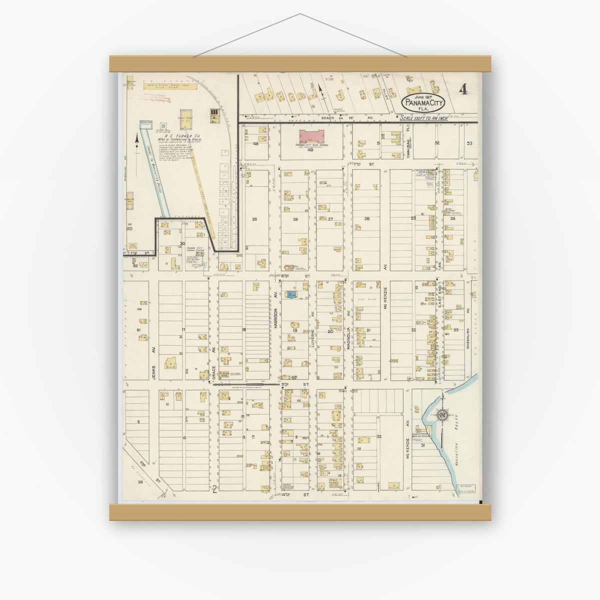 Old map wall art mockup — magnetic wood frame on white wall — Sanborn Fire Insurance Map from Panama City, Bay County, Florida (1917), Sheet #0004