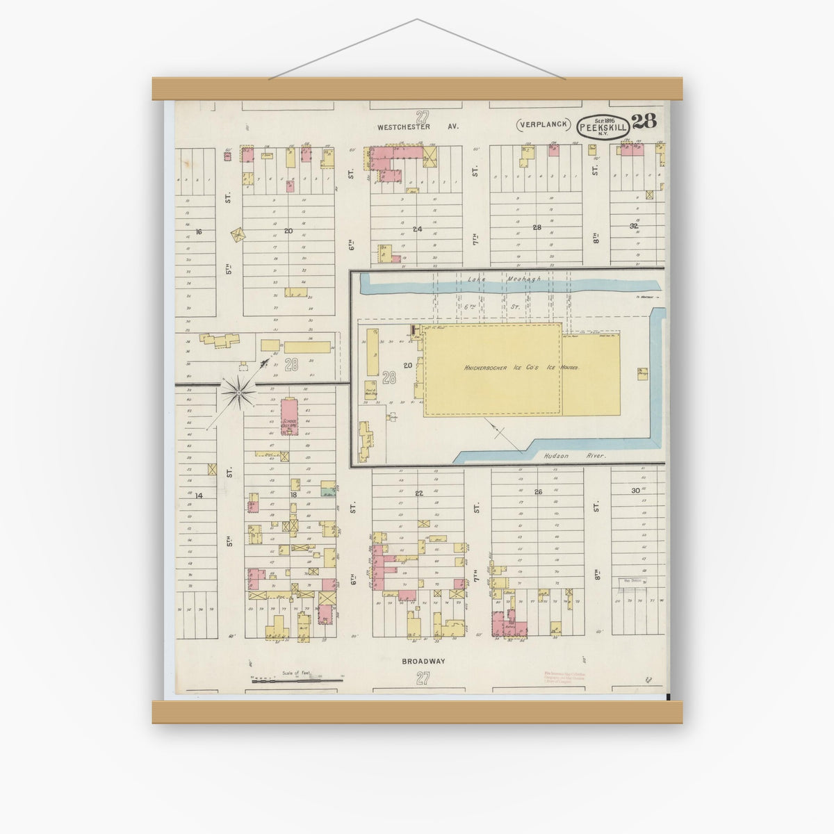 Old map wall art mockup — magnetic wood frame on white wall — Sanborn Fire Insurance Map from Peekskill, Westchester County, New York (1895), Sheet #0028