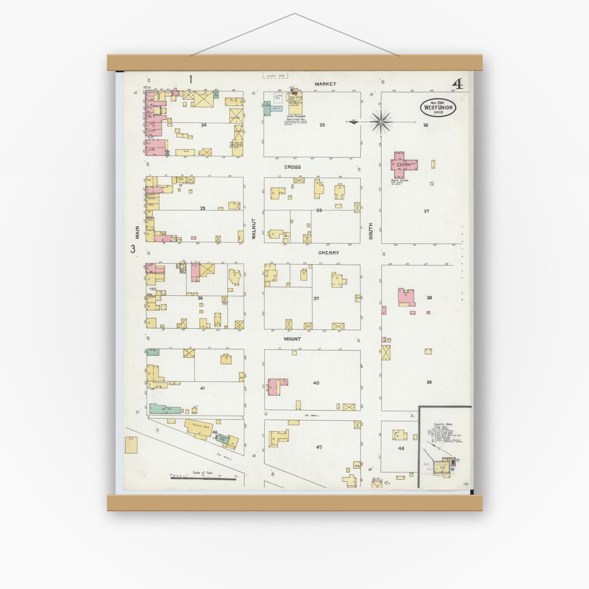 Old map wall art mockup — magnetic wood frame on white wall — Sanborn Fire Insurance Map from West Union, Adams County, Ohio (1904), Sheet #0004
