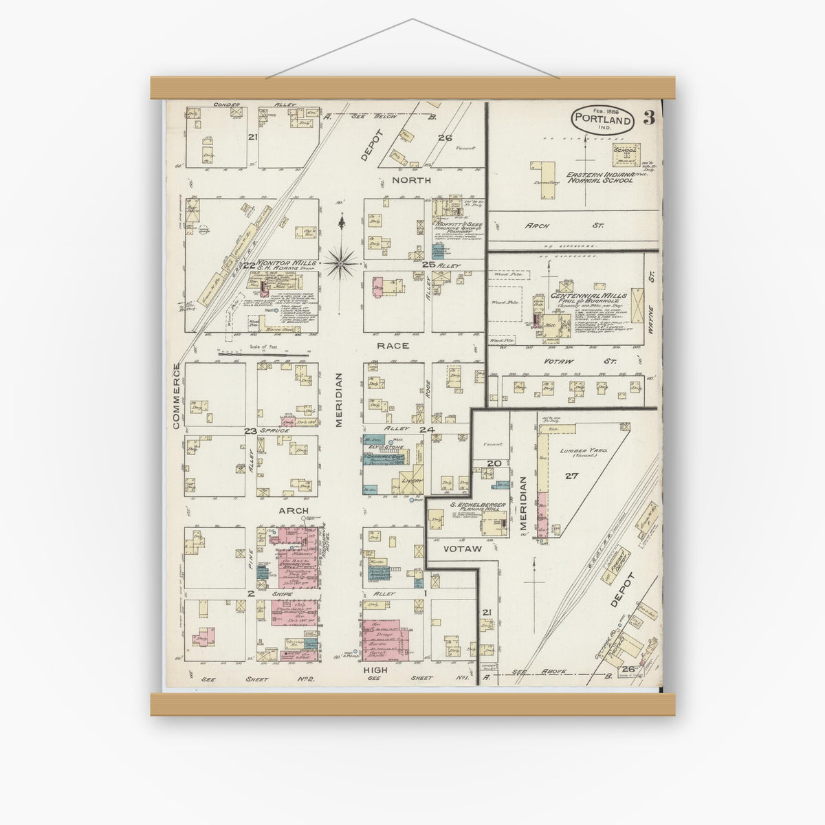 Old map wall art mockup — magnetic wood frame on white wall — Sanborn Fire Insurance Map from Portland, Jay County, Indiana (1886), Sheet #0003