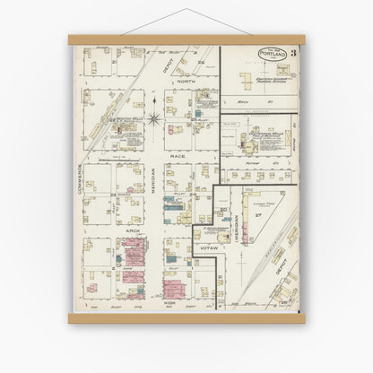 Old map wall art mockup — magnetic wood frame on white wall — Sanborn Fire Insurance Map from Portland, Jay County, Indiana (1886), Sheet #0003