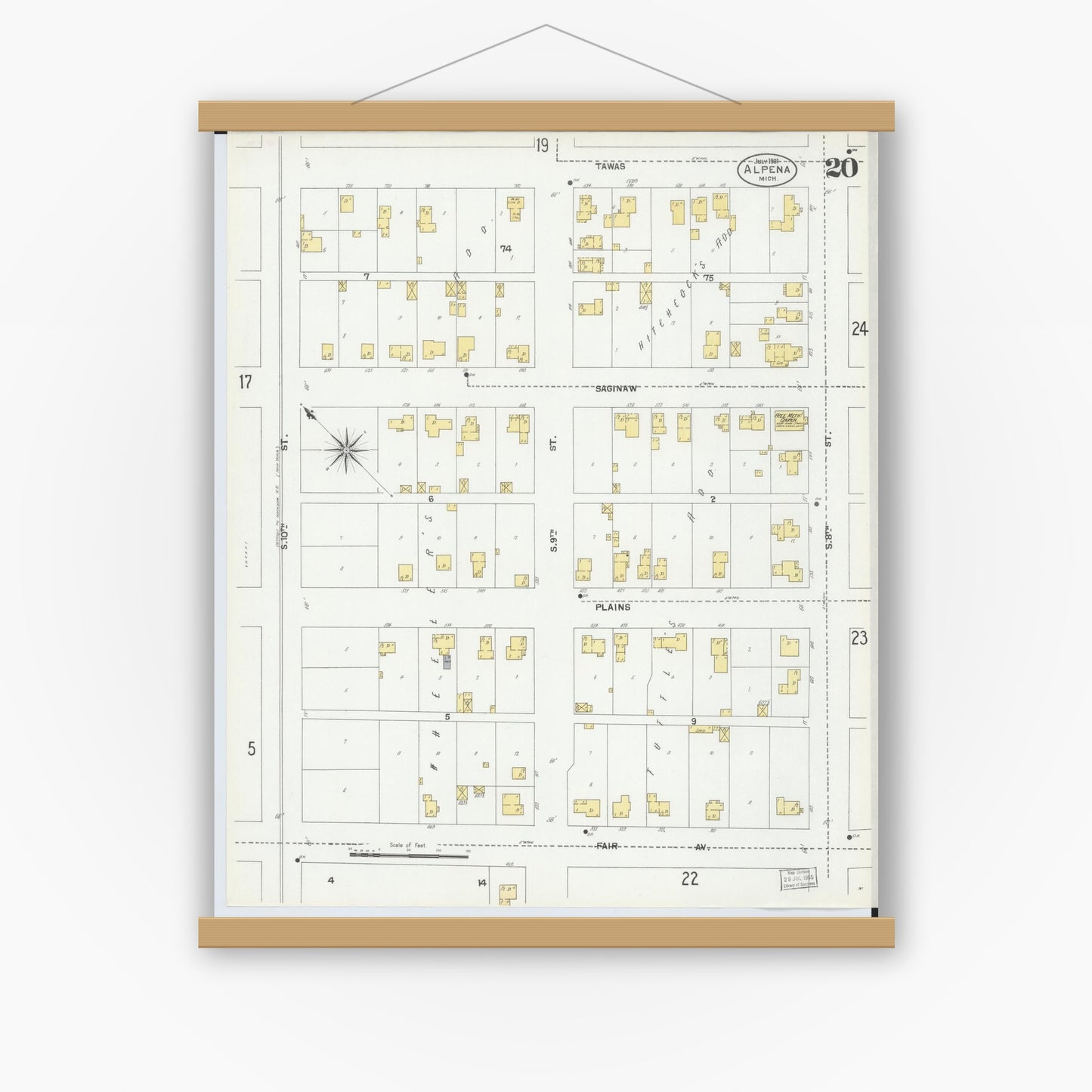 Old map wall art mockup — magnetic wood frame on white wall — Sanborn Fire Insurance Map from Alpena, Alpena County, Michigan (1901), Sheet #0020