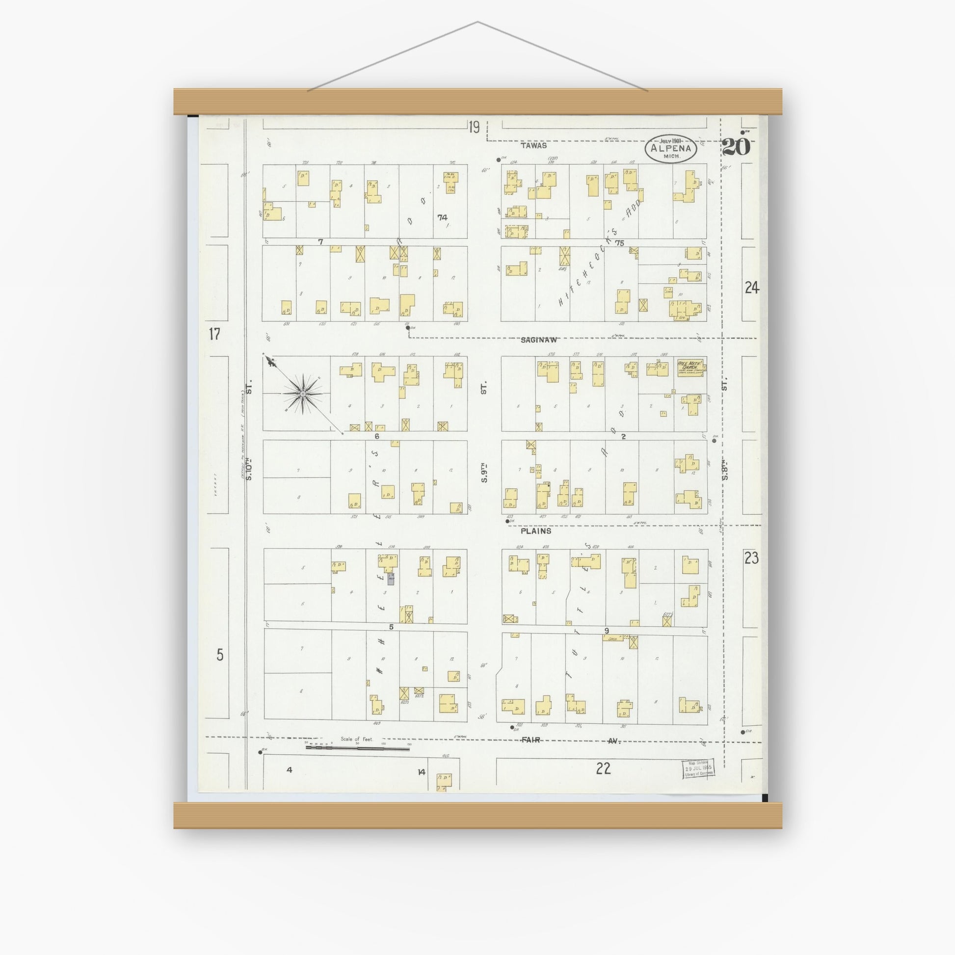 Old map wall art mockup — magnetic wood frame on white wall — Sanborn Fire Insurance Map from Alpena, Alpena County, Michigan (1901), Sheet #0020